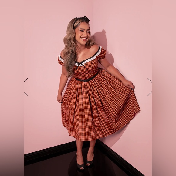 Vixen by Micheline Pitt Bardot Beauty Swing Dress in Orange Pumpkin Gingham - Picture 2 of 11